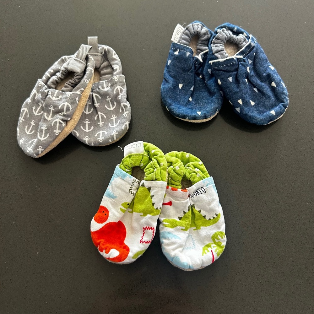 Bison Booties Baby Soft Sole Moccasin Bundle Dinosaur Anchor Triangle 3 Pairs
